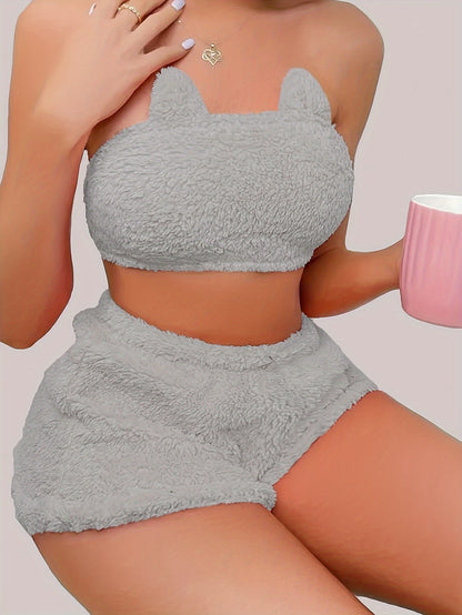 Sexy Solid Plush Lounge Set, Tube Crop Top & Elastic Shorts, Women's Loungewear for fall & winter