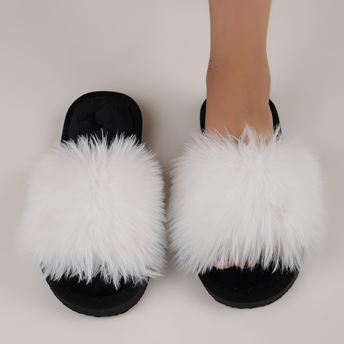 Elegant Women's Faux Fur Slippers - Winter Plush Open Toe Slip-On House Slippers with EVA Sole - Solid Color Fluffy Indoor Cotton Slides - Cixi Production Area