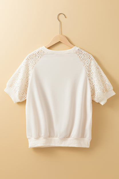 Jet Stream Lace Crochet Short Sleeve Round Neck T Shirt