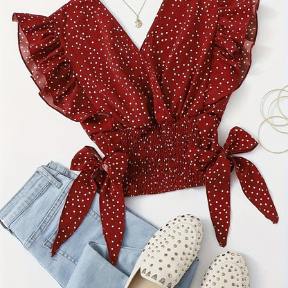 Vibrant Allover Print Blouse with Chic Bow Accent - Flattering Surplice Neck & Ruffled Waist - Womens Casual Fashion