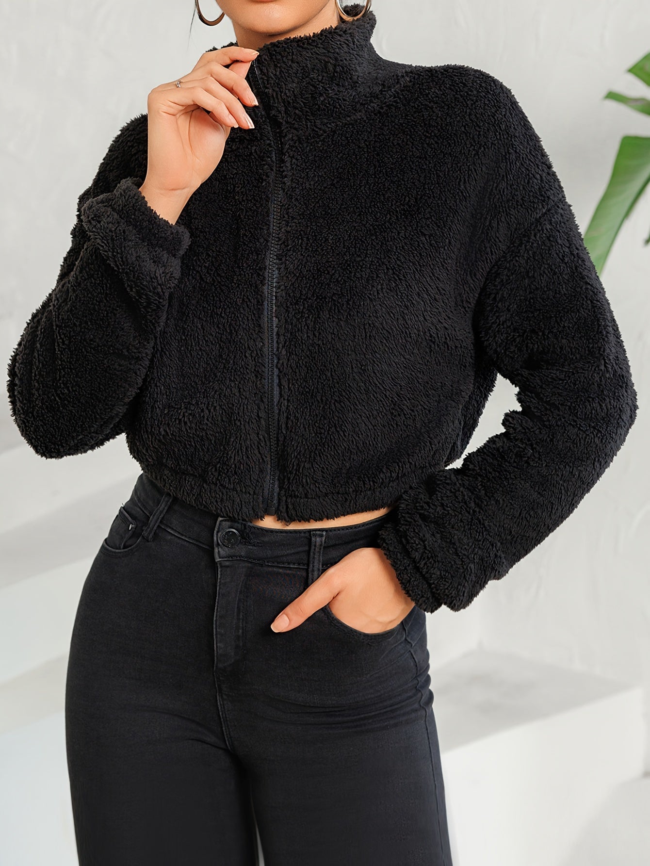 Drop Shoulder Zip Up Jacket, Casual Long Sleeve Fuzzy Crop Jacket For Spring & Fall, Women's Clothing