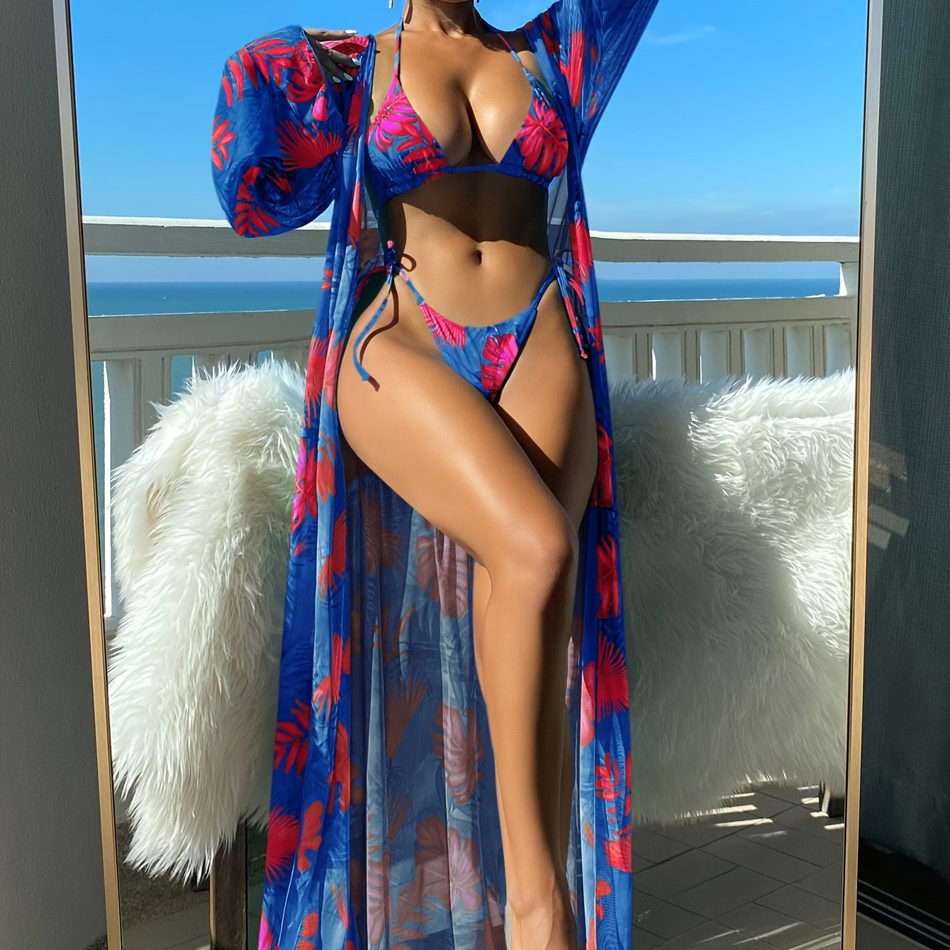 3 Piece Leaf Print Ruffled Tie Back Triangle Bikini Set - Stylish Women's Swimwear with Cover Up, Comfortable and Flattering Design - Perfect for Beach and Pool Time