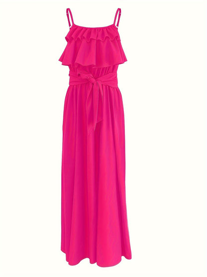 Vibrant Ruffle Trim Cami Dress - Sleeveless, Tie-Waist, Maxi Length, Flowy, Feminine, Summer Essential for Women - Perfect for Outdoor, Party, and Daily Wear