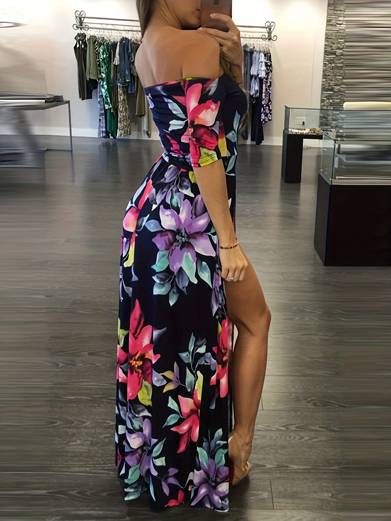 Vibrant Floral Print Romper Jumpsuit - Off Shoulder, Overskirt, Sexy, Flowy, Comfortable, Women's Summer Clothing - Perfect for Outdoor, Party, Date Night