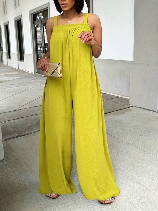 Solid Color Wide Leg Jumpsuit, Casual Pintuck Sleeveless Tank Jumpsuit For Spring & Summer, Women's Clothing