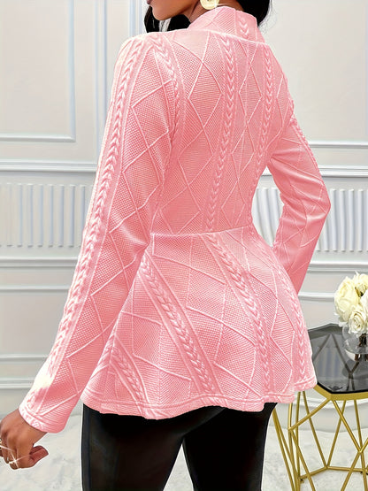 Textured Beaded Button V-neck Jacket, Elegant Long Sleeve Ruffle Hem Outwear For Spring & Fall, Women's Clothing