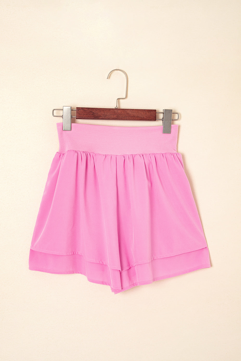 Bright Pink Crossed Waist Tiered Flowy Shorts