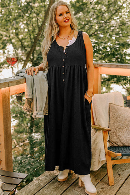 Black Plus Size Sleeveless Button Front Loose Jumpsuit