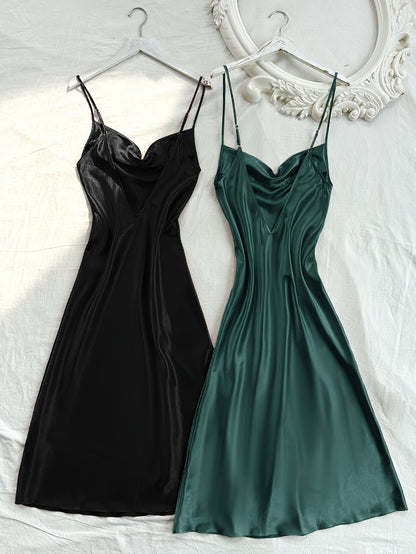 2 Pcs Women's Elegant Solid Satin Sleepwear Dress, Turtleneck Side Split Backless Midi Slip Dress, Comfortable Nightgown