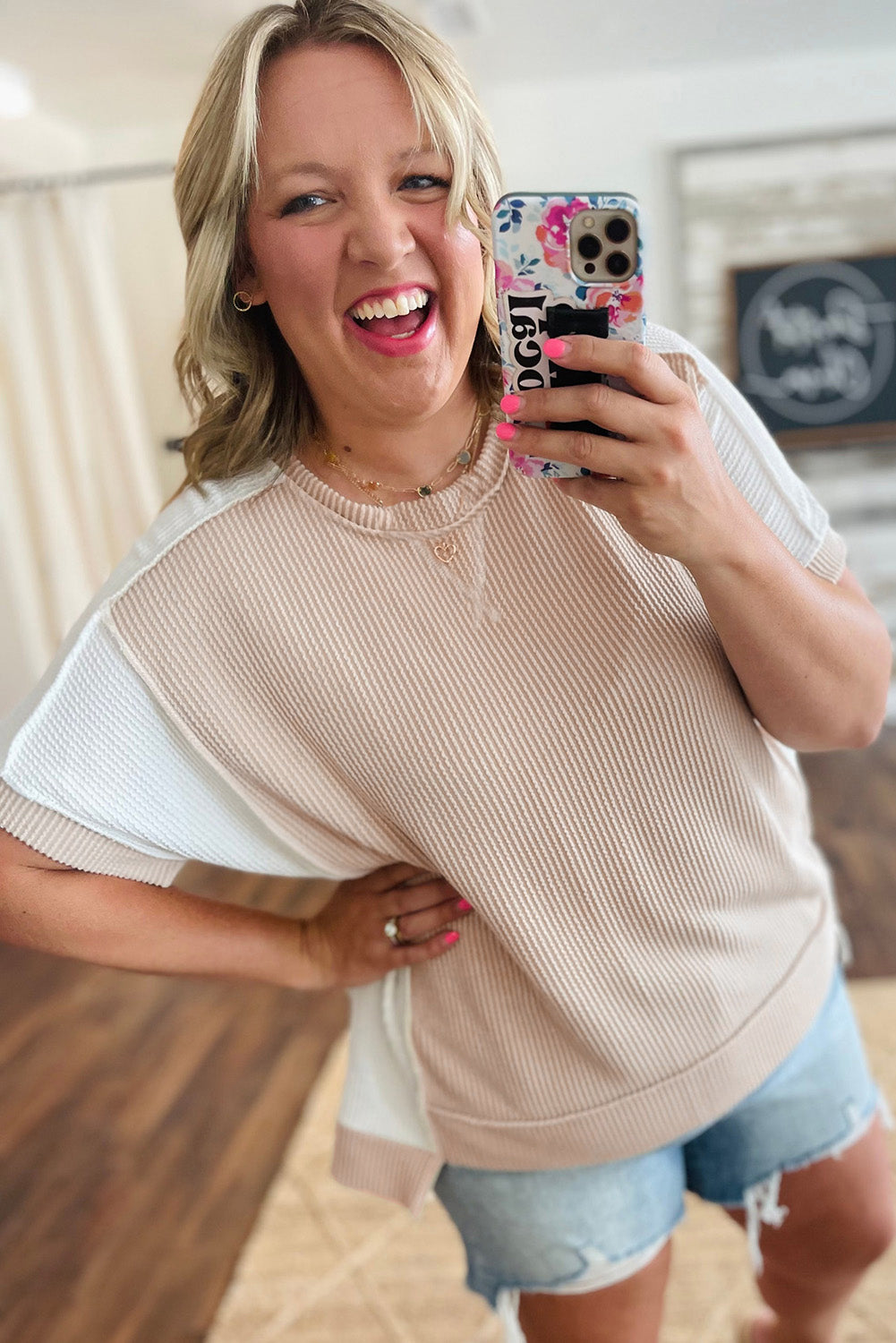 Parchment Twist Rib Colorblock Hi Low Plus Size Short Sleeve Top