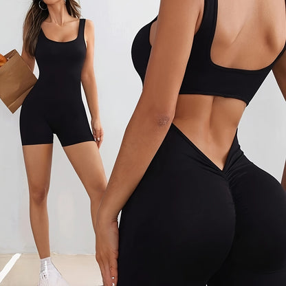 Sexy Cut Out Crew Neck Tank Romper Jumpsuit - Sleeveless, Skinny Fit, Breathable, Quick-Drying, Comfortable, Perfect for Spring & Summer Workout, Women's Clothing, Ideal for Yoga, Fitness, Gym, Outdoor Activities