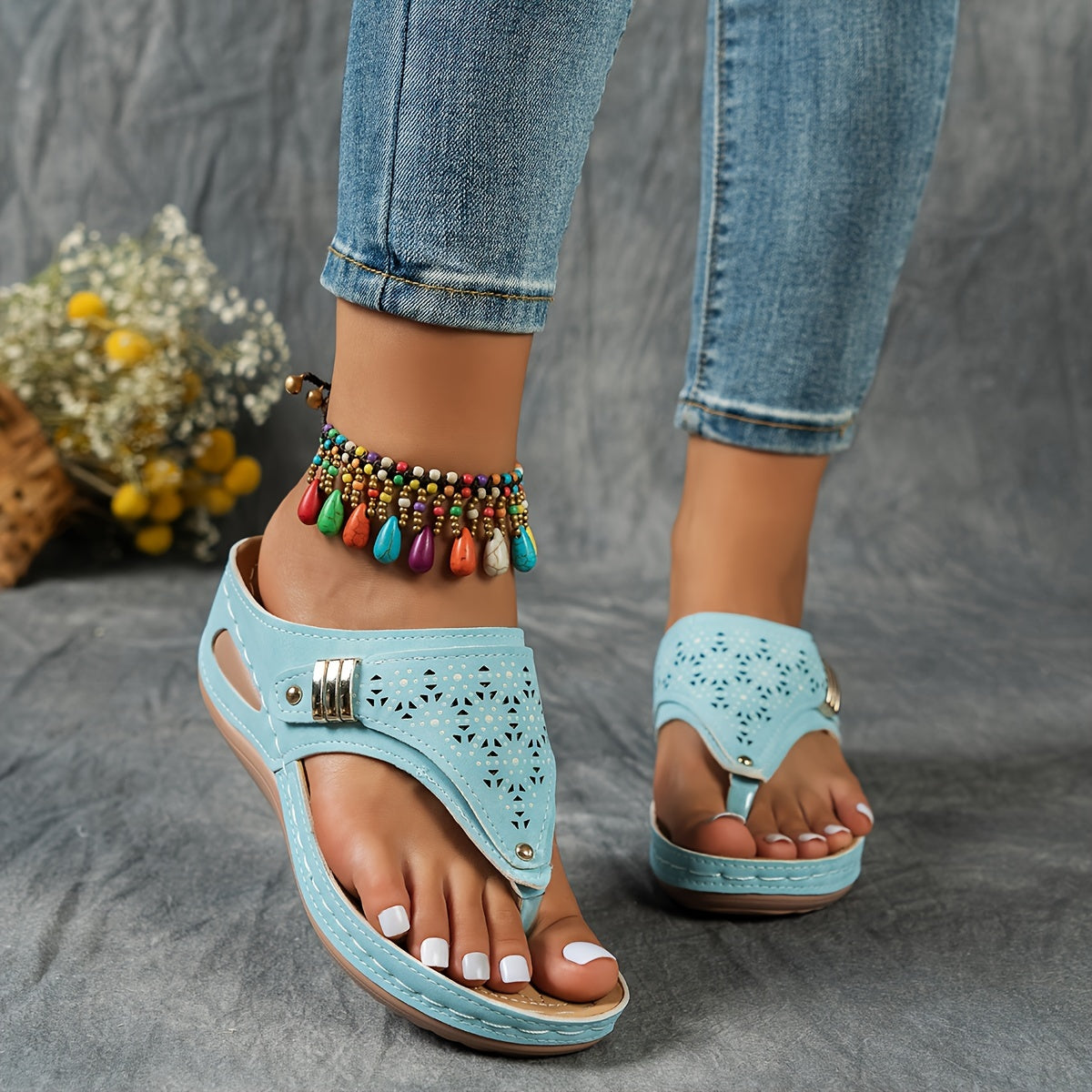Stylish Cut-Out Thong Sandals - Soft Metallic Platform Wedge, Comfortable Beach Slides with Adjustable Straps, Vacation Essentials for Women
