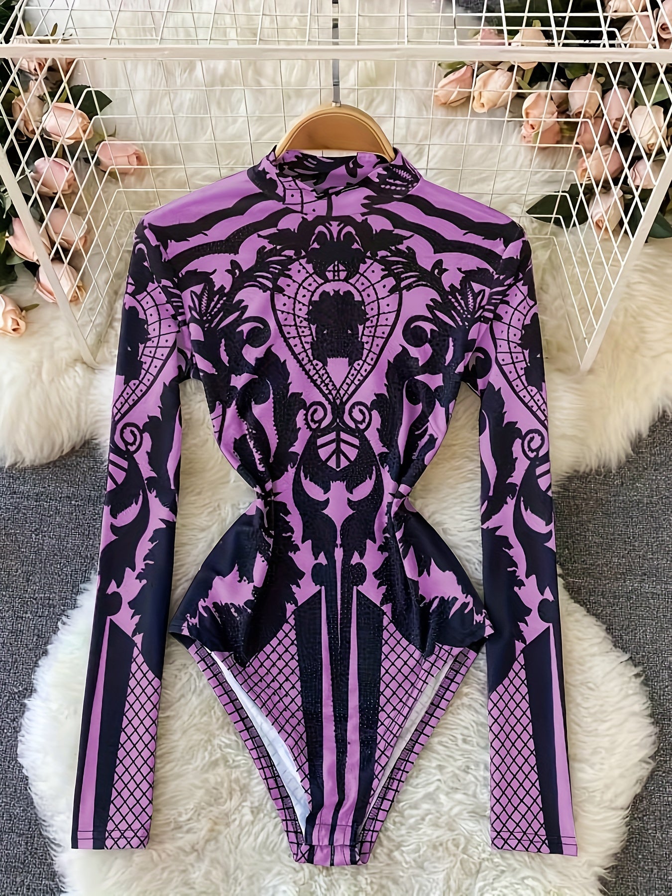 Women'S Tropical Print Bodysuit with Rhinestone Detail - Slim Fit, Stand Collar, Long Sleeve, All-Season Versatile Jumpsuit for Casual or Stylish Outfits, Stylish Outfit Bodysuit | Stand Collar Top | Polyester Fabric, Bodysui