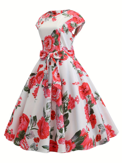 Floral Print Tie Waist Dress, Elegant Crew Neck Cap Sleeve Pleated Dress, Women's Clothing
