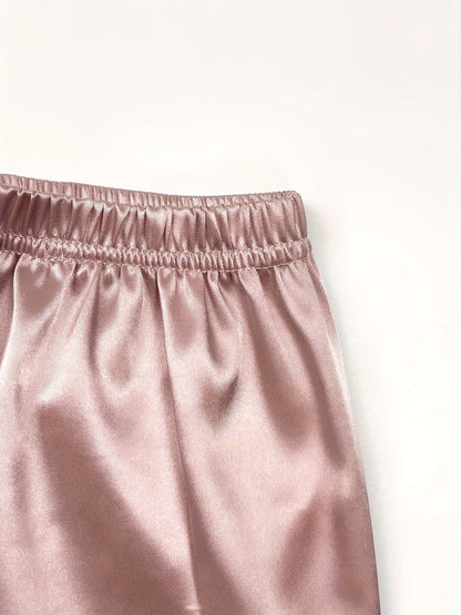 2 Sets of Ultra-Soft Satin Women's Casual Pajama Sets - Short Sleeve Buttons Lapel Top & Shorts with Comfortable Relaxed Fit, Breathable Fabric, and Cozy Sleepwear Experience for a Restful Night's Sleep