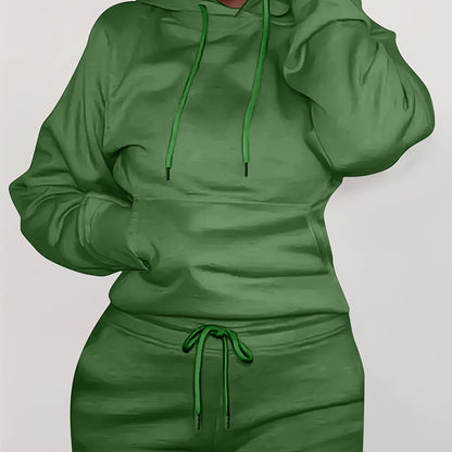 Solid Kangaroo Pocket Hoodie Without Pants, Casual Long Sleeve Drawstring Hoodies Sweatshirt, Women's Clothing