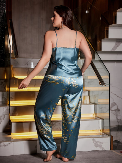 2pcs Plus Size Women'S Cherry Print Cami Pants Pajama Set - Elegant Sleeveless Jumpsuit with Floral Design, Backless, All-Season Comfort, Comfortable Loungewear|Floral Print Jumpsuit|Backless Design, Cherry Pants