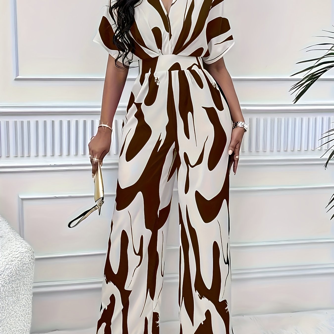 Chic V-Neck Jumpsuit - Allover Print, Short Sleeve, Wide-Leg Design for Sophisticated Casual Wear