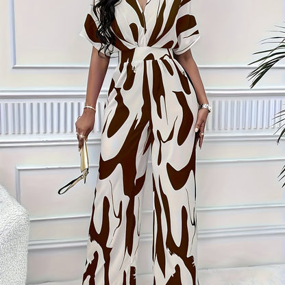 Chic V-Neck Jumpsuit - Allover Print, Short Sleeve, Wide-Leg Design for Sophisticated Casual Wear