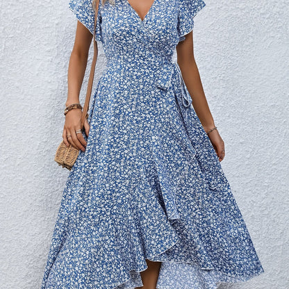 Women's Spring & Summer Dress - Elegant Floral Print, Surplice Neck with Tie, Casual Flutter Sleeves & Ruffle Hem, Perfect for Every Day & Special Occasions