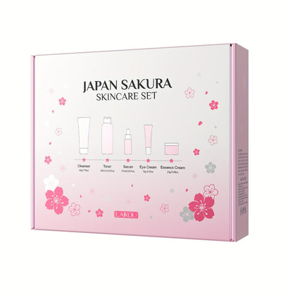 LAIKOU Cherry Blossom Five-Piece Set Gift Box Moisturizing & Hydrating Skincare Essence Cream, Face Care Kit, Gentle Cleanser, Toner, Eye Cream, Mask, Body Wash, Body Scrub, Body Lotion, Hand Cream, Lip Balm, Suitable for All