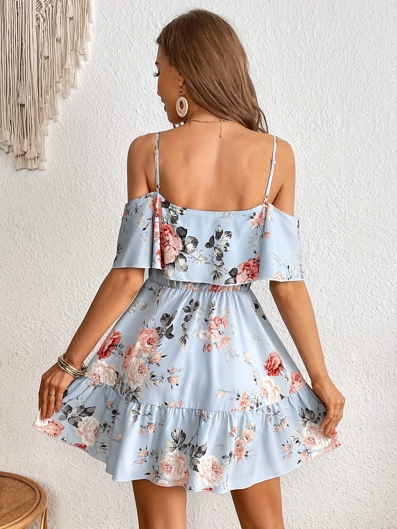 Floral Print Cold Shoulder Dress, Casual Ruffle Trim Dress For Spring & Summer, Women's Clothing