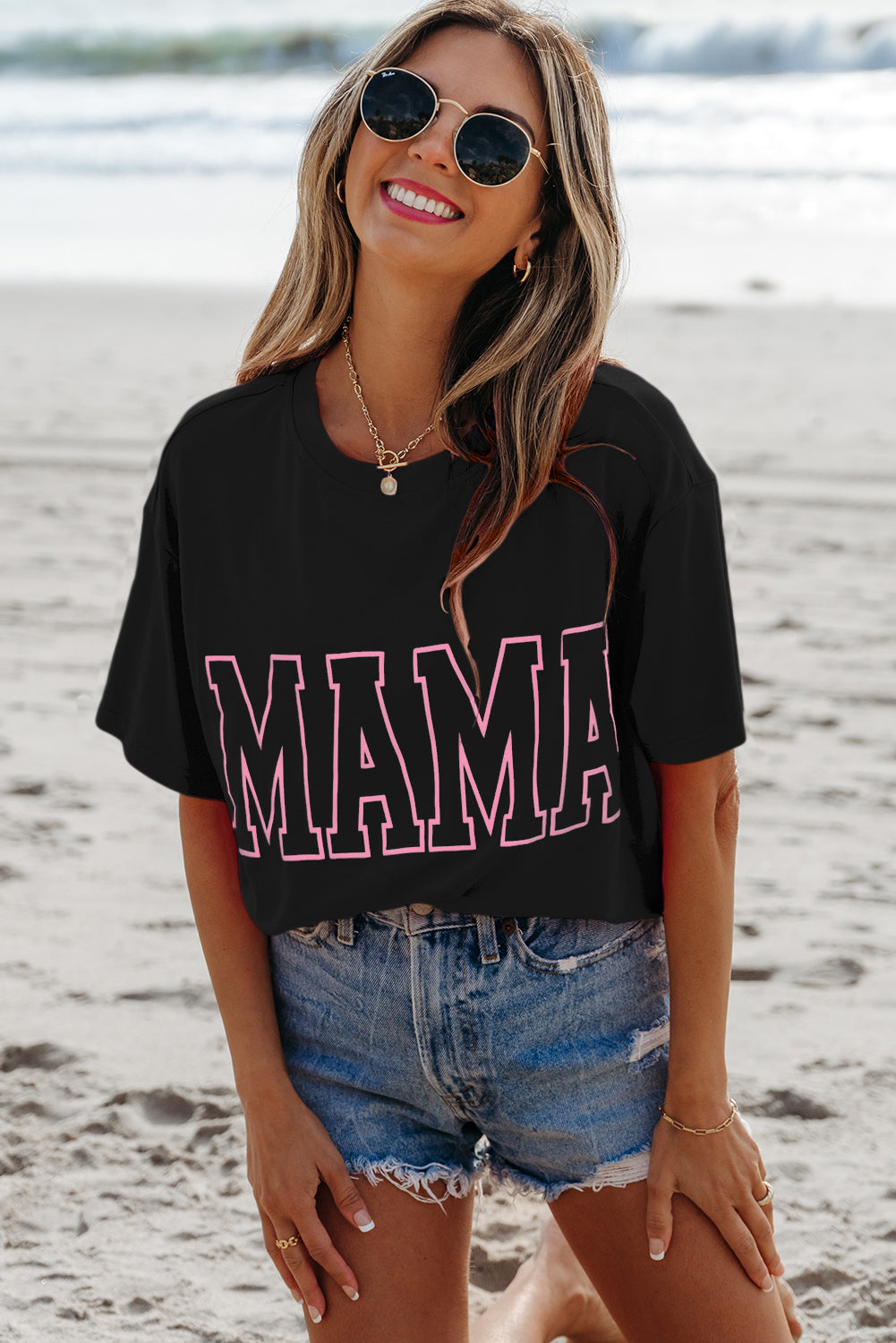 Black MAMA Letter Graphic Neon T Shirt