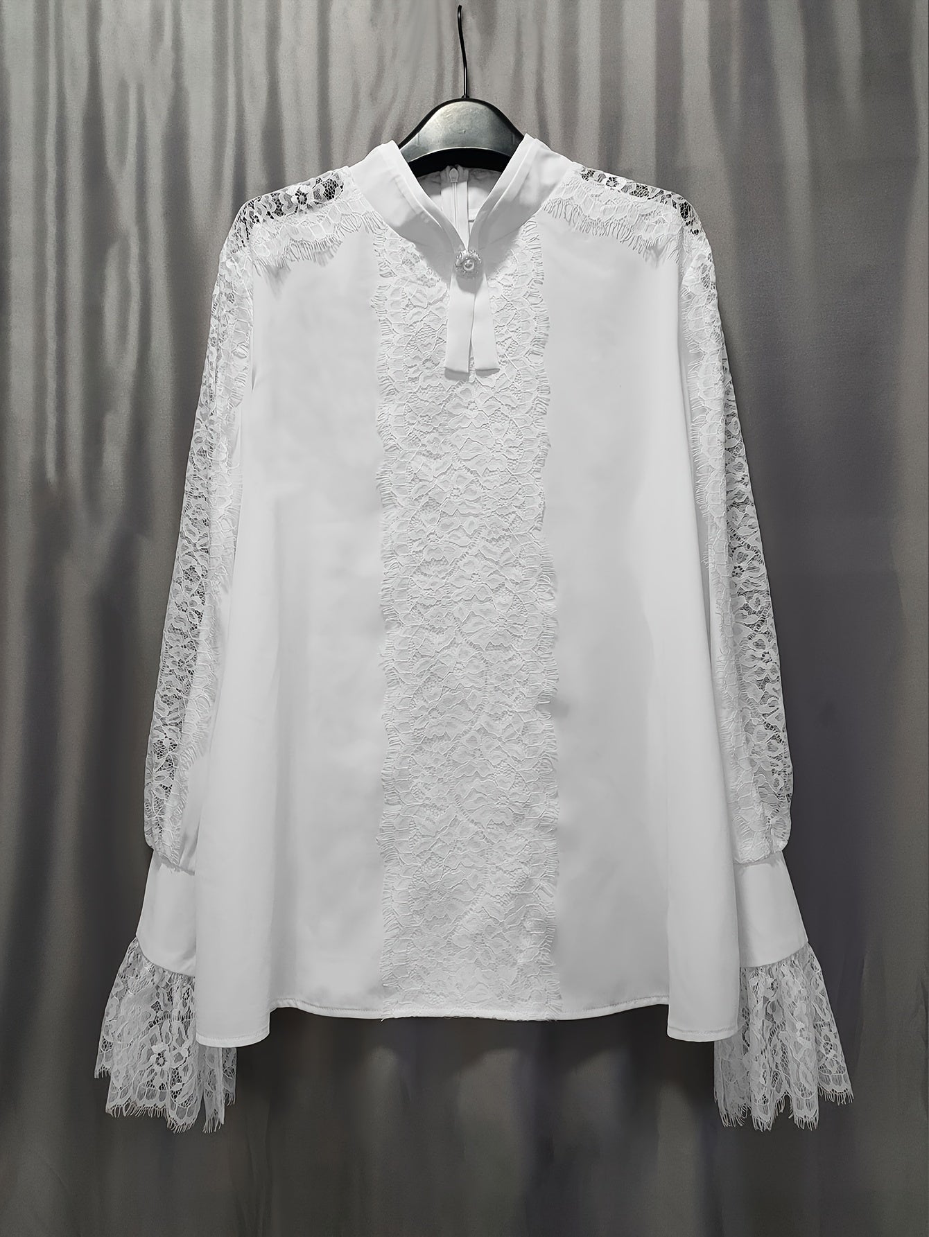 Stunning Lace Trim Blouse - Women's Elegant Long Bell Sleeve Tops for Spring & Fall - Chic Stand Collar Clothing with Delicate Details