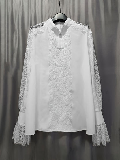 Stunning Lace Trim Blouse - Women's Elegant Long Bell Sleeve Tops for Spring & Fall - Chic Stand Collar Clothing with Delicate Details