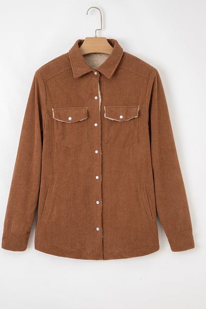 Cinnamon Fleece Lined Buttoned Flap Pockets Corduroy Jacket