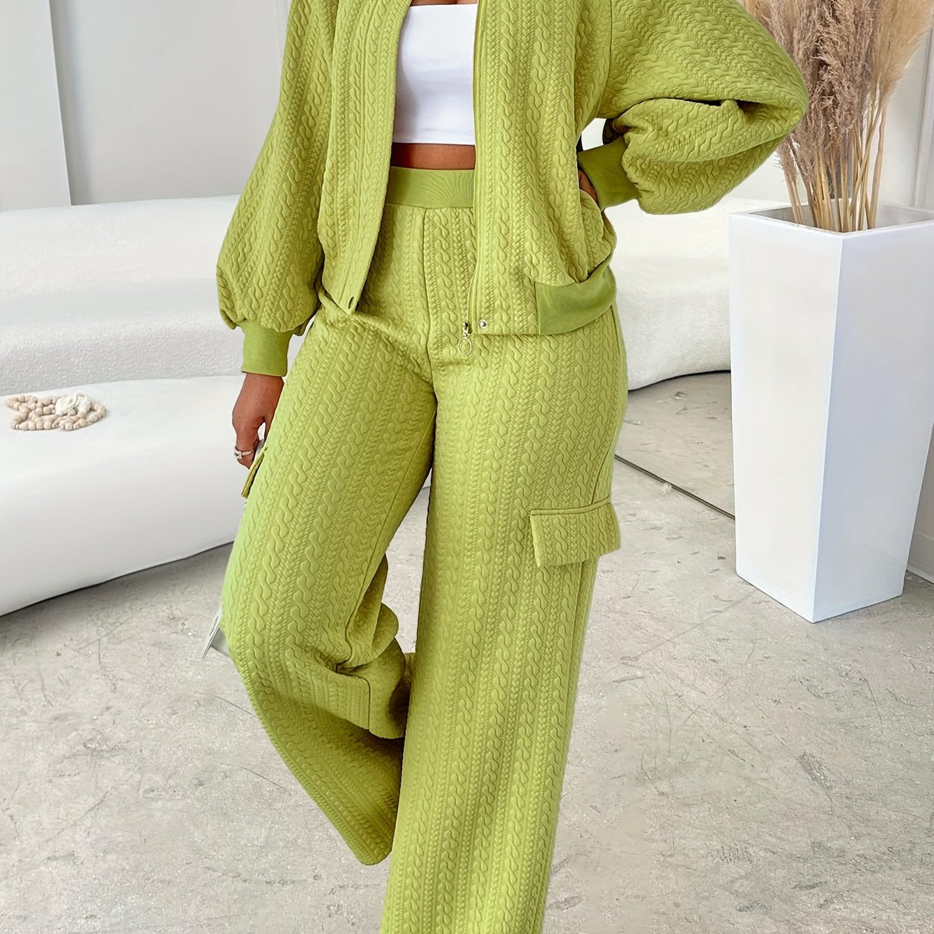 Women'S Casual Chic Two-Piece Set, Solid Color Long Sleeve Zippered Jacket and Straight-Leg Pants, Polyester 95% Elastane 5% Knit Fabric, Crew Neck, Fall/Winter Collection