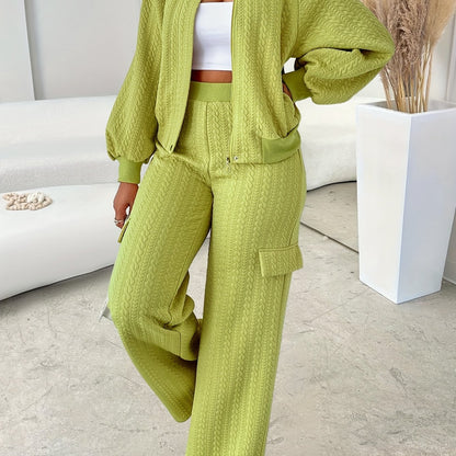 Women'S Casual Chic Two-Piece Set, Solid Color Long Sleeve Zippered Jacket and Straight-Leg Pants, Polyester 95% Elastane 5% Knit Fabric, Crew Neck, Fall/Winter Collection