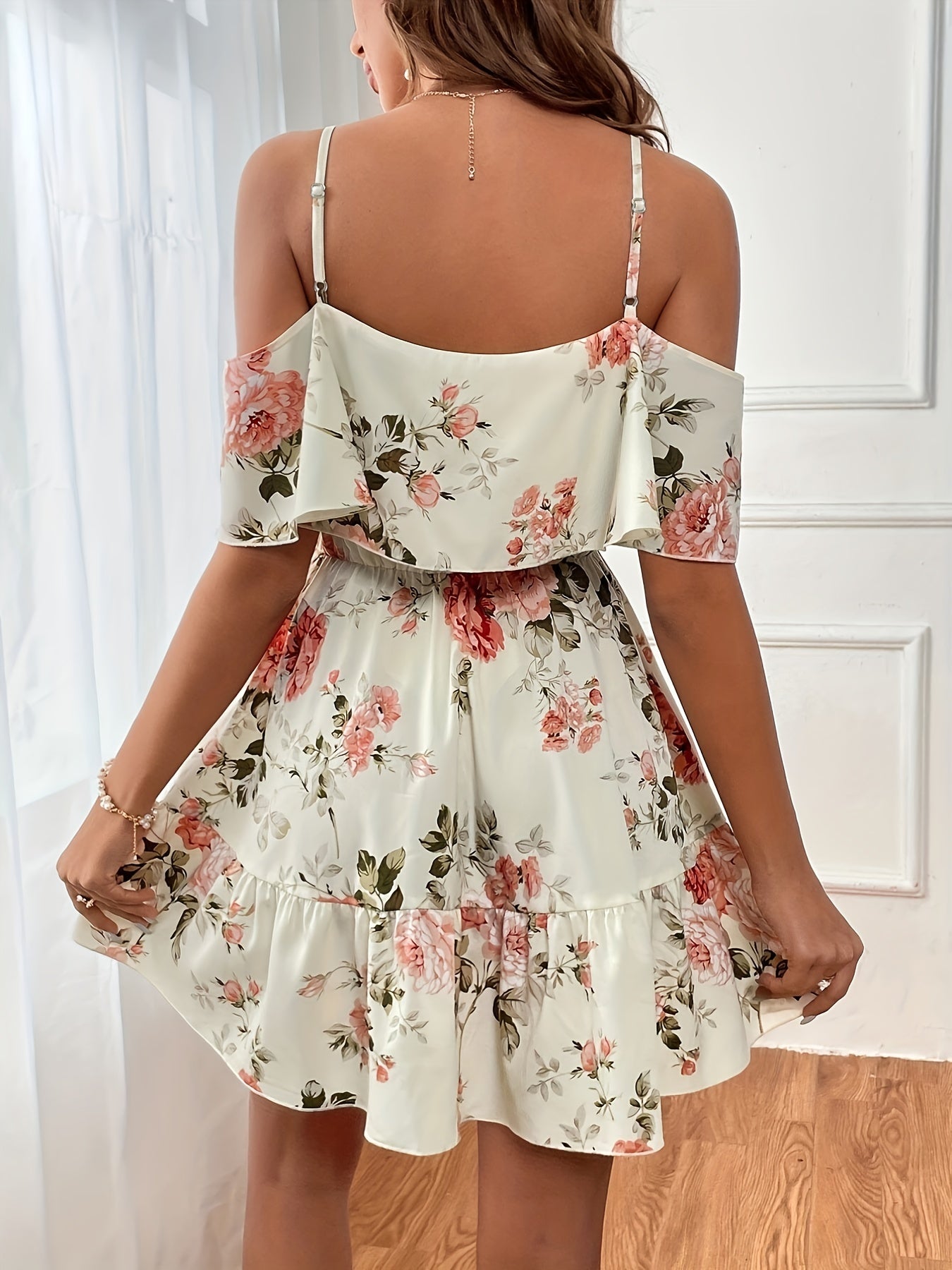 Floral Print Cold Shoulder Dress, Casual Ruffle Trim Dress For Spring & Summer, Women's Clothing