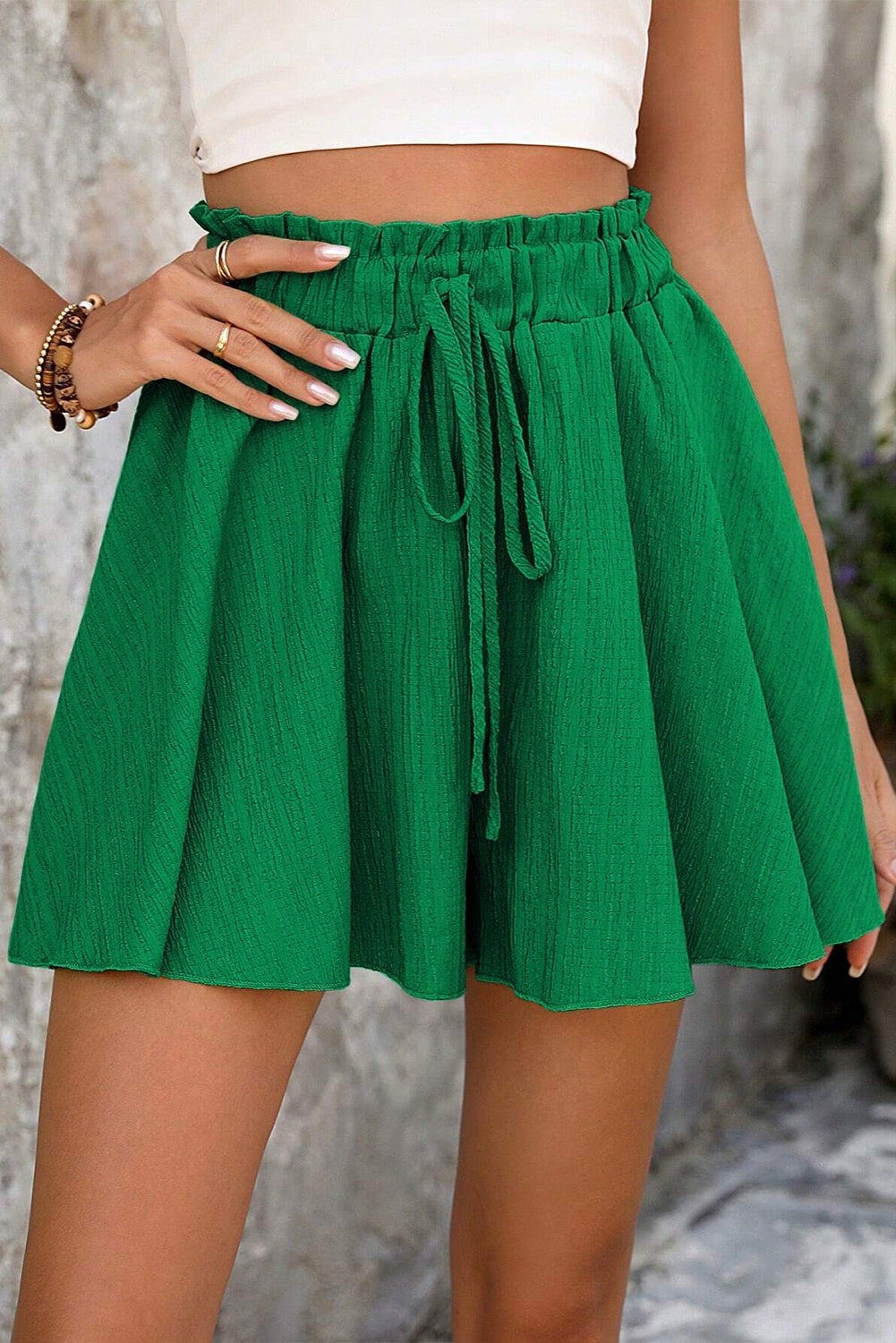 Dark Green Textured Frilled Lace-up Elastic Waistband Ruffle Wide Leg Shorts