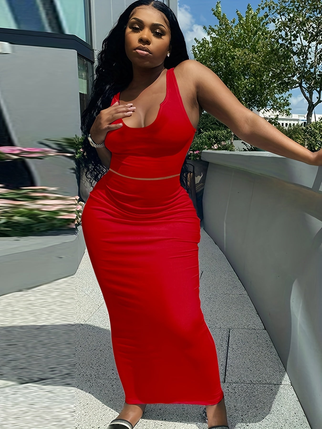 Trendy Two-Piece Set - Sexy Scoop Neck Sleeveless Tank Top & Flowy Bag Hip Maxi Skirt Outfit - Comfortable, Versatile, and Chic Women's Clothing for Everyday Wear