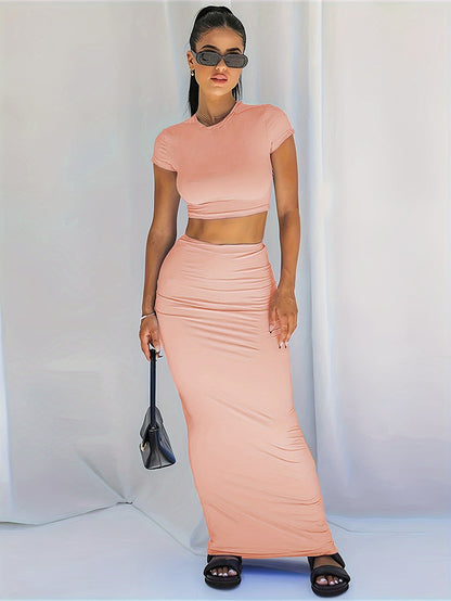 Chic Solid Two-piece Set - Comfortable Crew Neck Crop Top & Stretchy Bodycon Skirt - Womens Casual Fashion Outfit for Everyday Chic