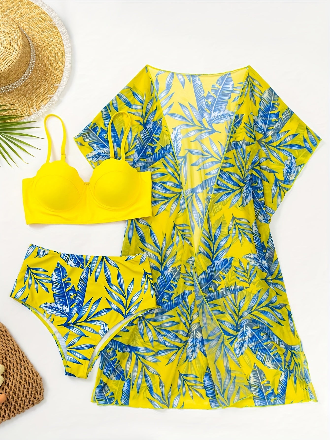 3 Piece Tropical Print High Waist Bikini Set - Off the Shoulder, High Stretch, Semi-Sheer, Polyester Fabric, Random Printing, Knit Swimsuits for Women - Perfect for Swimming and Beach Activities