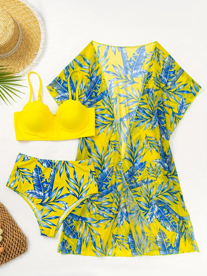 3 Piece Tropical Print High Waist Bikini Set - Off the Shoulder, High Stretch, Semi-Sheer, Polyester Fabric, Random Printing, Knit Swimsuits for Women - Perfect for Swimming and Beach Activities