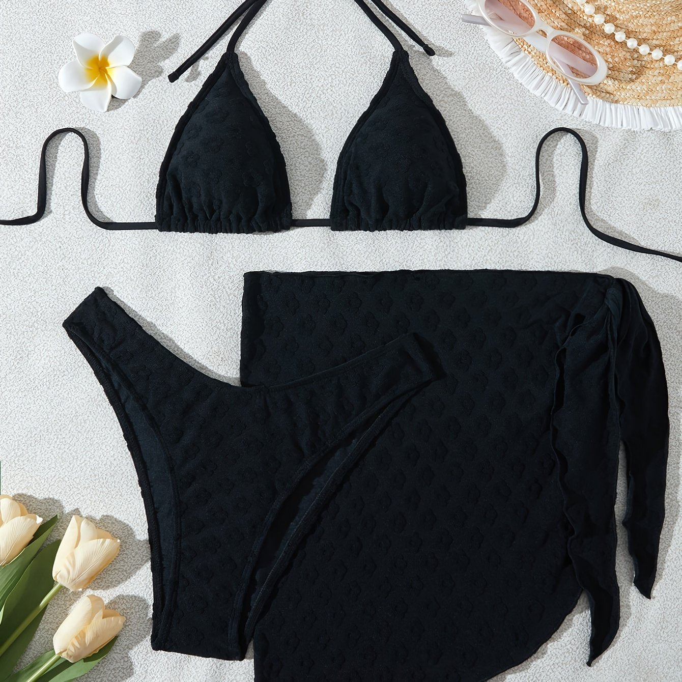 Women's Warm Color Floral Three-Piece Bikini Swimsuit