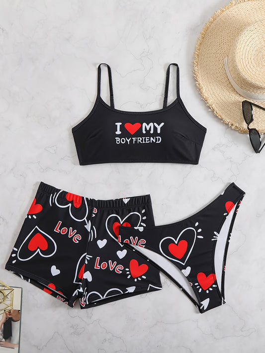 Women'S 3pcs Bikini Set, Sexy High Stretch Knit Fabric, Polyester 82% Elastane 18%, All Over Heart Print, Love My Boyfriend & Love Pattern, 200g/m², for Running & Swimming