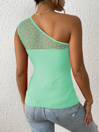 One Shoulder Heart Print Mesh Top, Sexy Sleeveless Asymmetrical Top, Women's Clothing