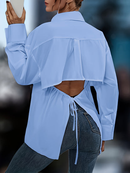 Chic Cut Out Blouse with Tied Detail - Flattering Long Sleeve Design for Spring & Fall - Versatile Womens Fashion Clothing