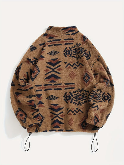 Aztec Pattern Fuzzy Jacket, Casual Zip Up Outwear For Winter & Fall, Women's Clothing