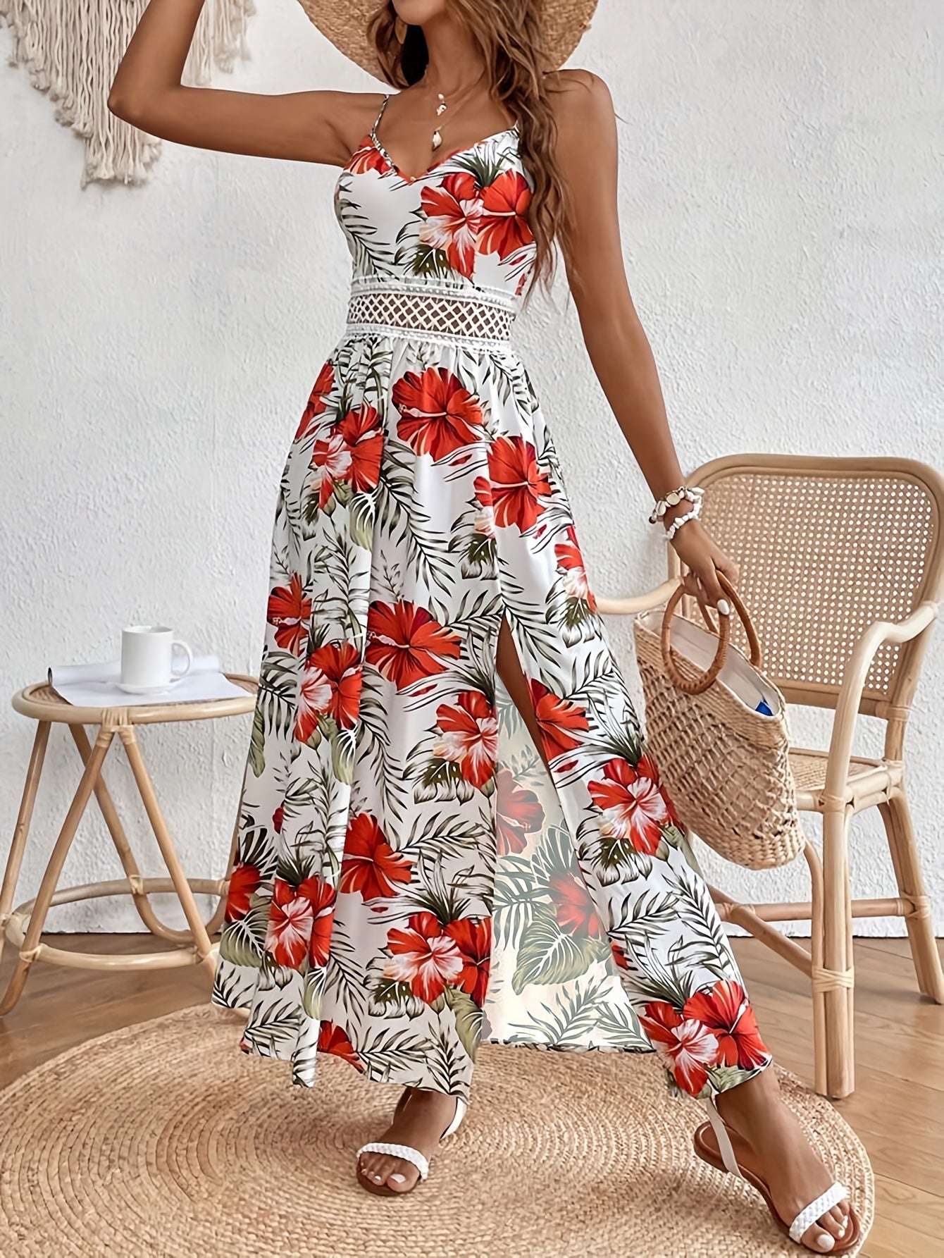 Floral Print Spaghetti Strap Dress, Elegant Sleeveless Split Dress For Spring & Summer, Women's Clothing