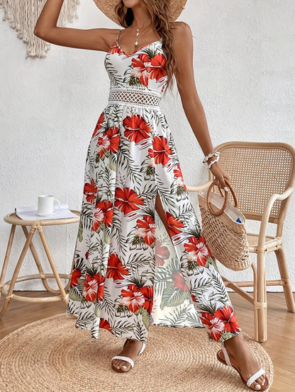 Floral Print Spaghetti Strap Dress, Elegant Sleeveless Split Dress For Spring & Summer, Women's Clothing