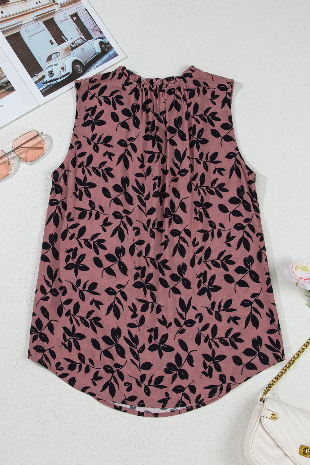 Brown Leaf Print Lace-up V Neck Crinckled Tank Top