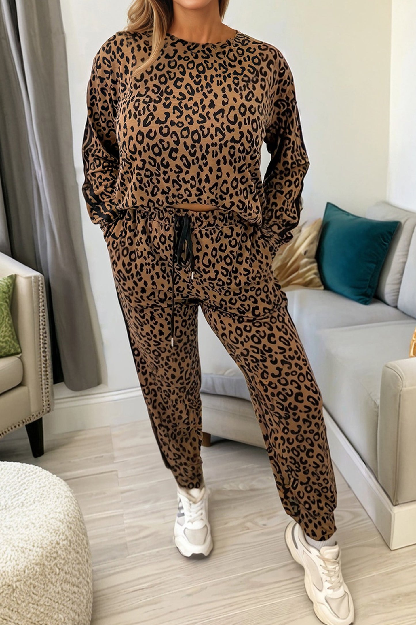 Brown Varsity Striped Trim Leopard Long Sleeve Top Drawstring Pant Set