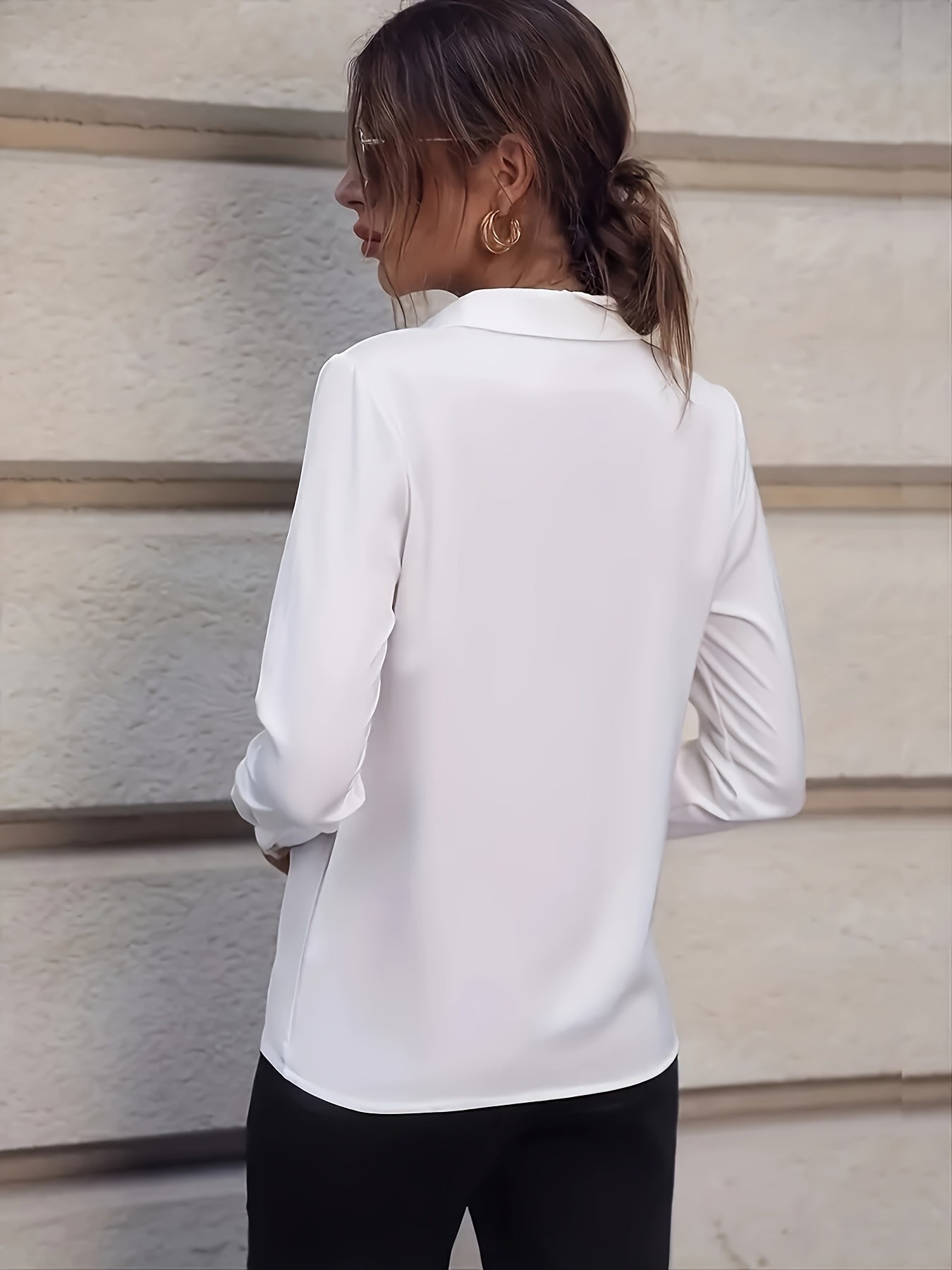 Women'S V-Neck Blouse - Elegant White Button-Up Shirt with Long Sleeves, Perfect for Office & Casual Wear, Versatile Fall/Winter Top, Versatile Fashion | Minimalist Style | Stylish Buttonup