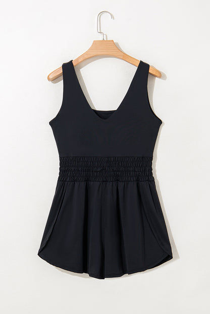 Black Plain Sleeveless Loop Drawstring Cinched Waist Romper