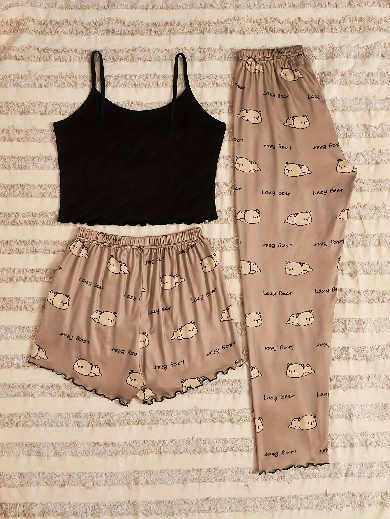 Adorable Bear & Letter Print Pajama Set - Soft, Relaxed Fit, Round Neck, Backless Crop Cami Top, Shorts & Pants, Comfortable Sleepwear for Women - Cute, Cozy, and Stylish Nightwear